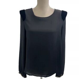 NWT English Rose Black Chiffon Blouse Faux Fur Trim SMALL Jewelry Raglan Sleeve